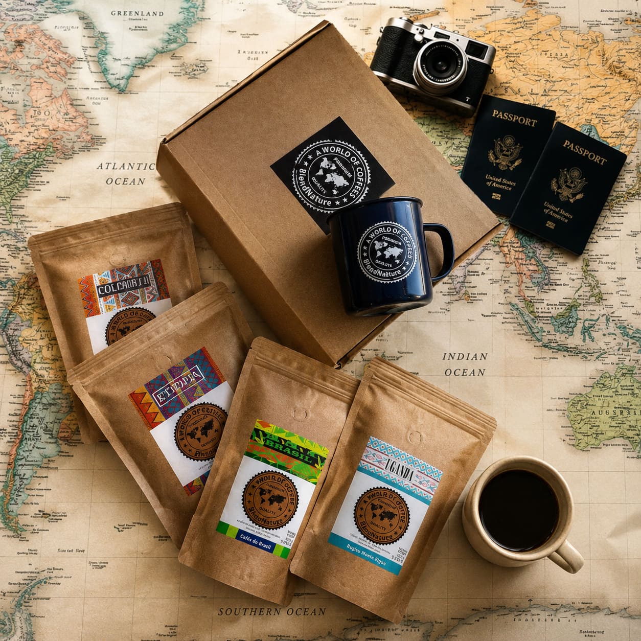 Pack de cafés de origen BlendNature sobre mapa del mundo con temática de viaje