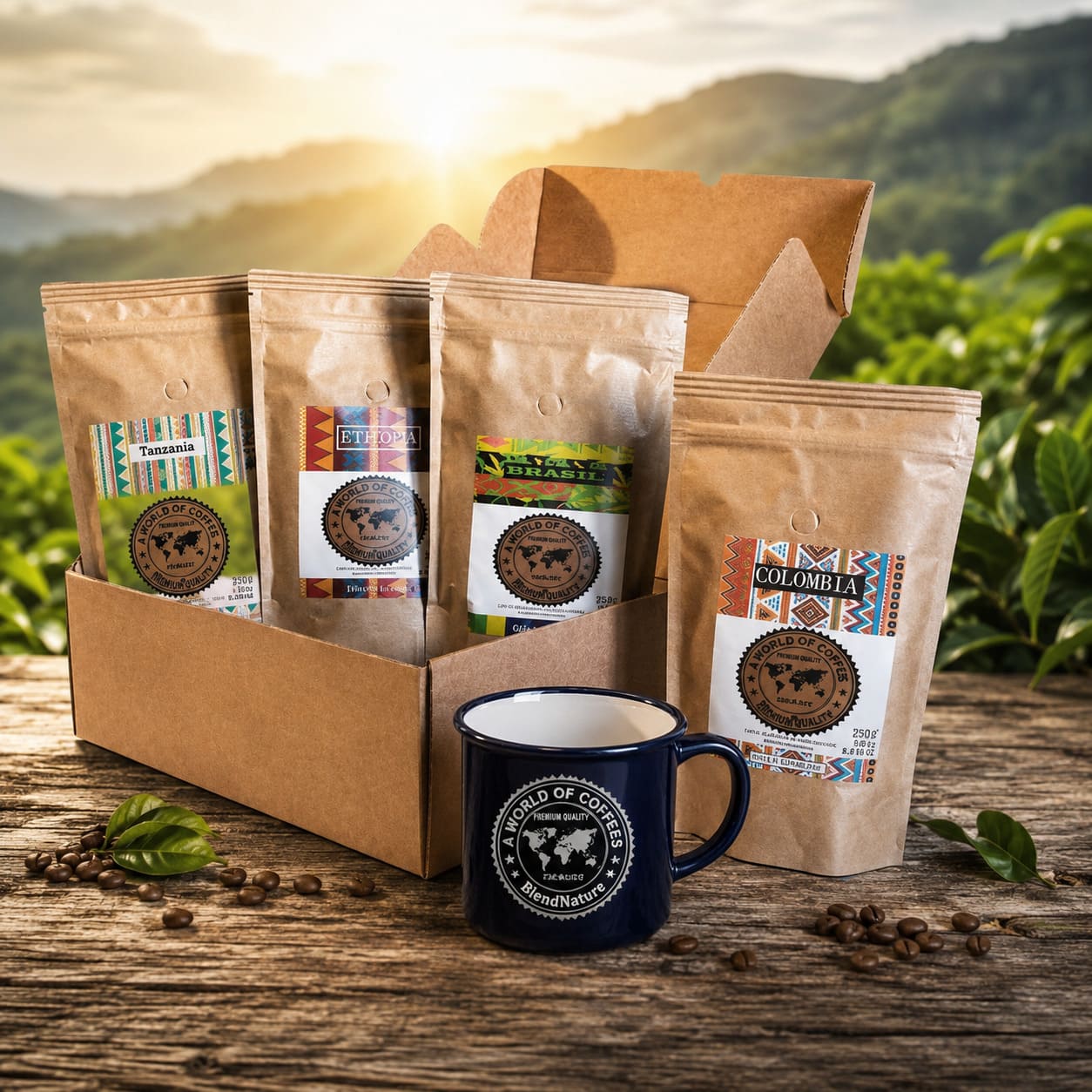 Pack degustación BlendNature con cafés de origen en entorno de plantación cafetera