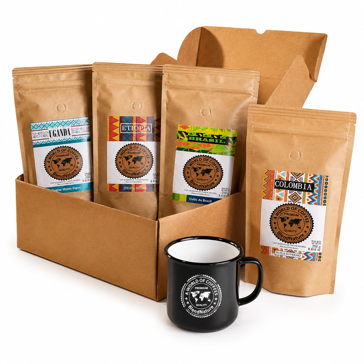 Pack degustación de cafés de origen del mundo con taza regalo BlendNature