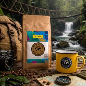 Café de Colombia BlendNature con taza vintage en un entorno natural con cascada y puente colgante.