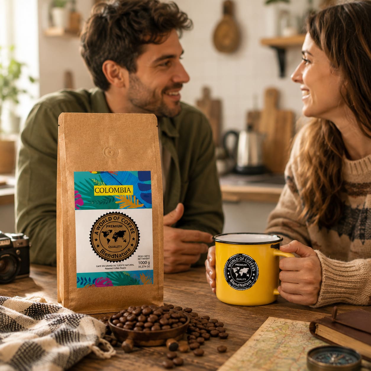Pareja disfrutando del Café de Colombia BlendNature con una taza vintage amarilla en una cocina acogedora.