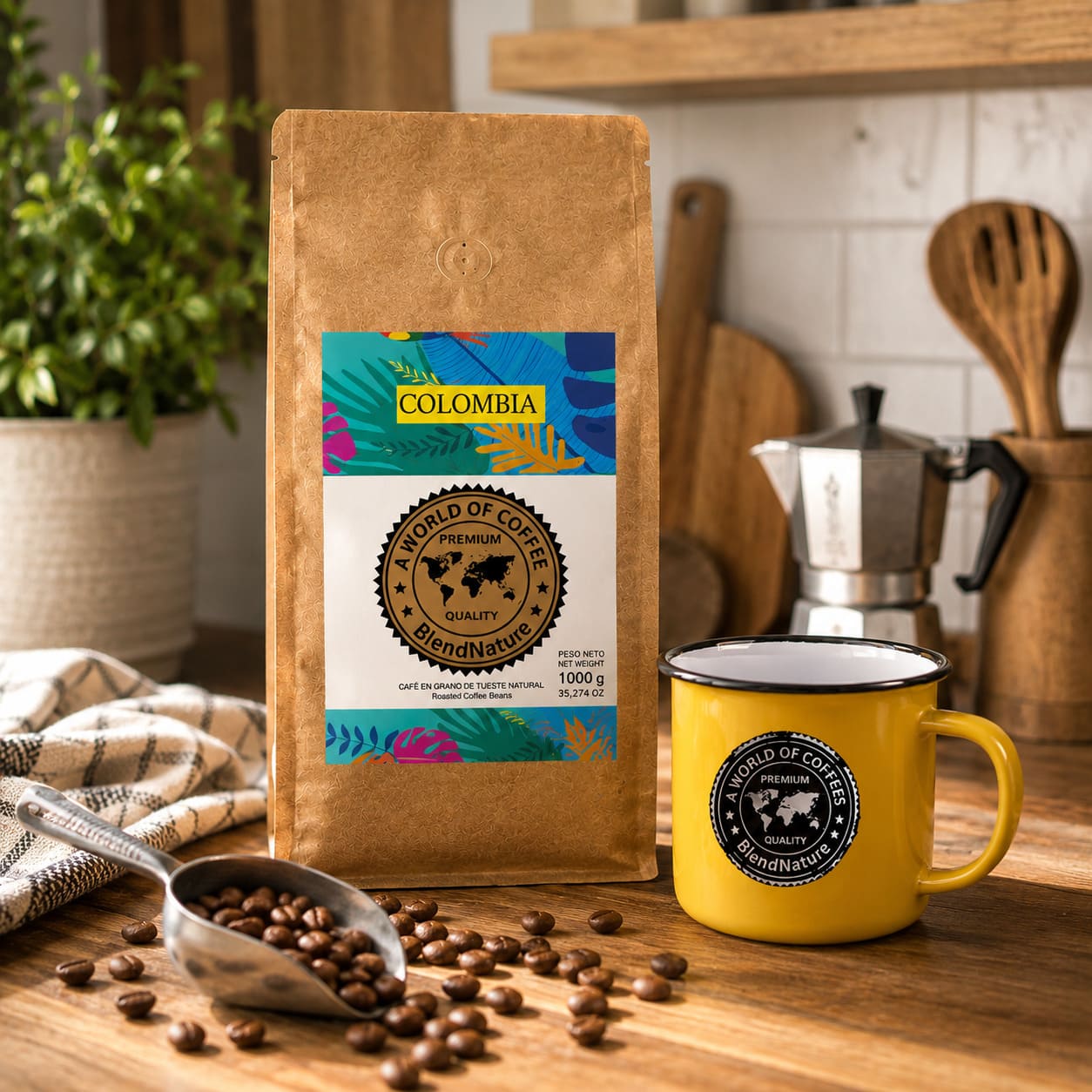 Bolsa de Café de Colombia BlendNature con taza vintage amarilla sobre una mesa de cocina de madera.