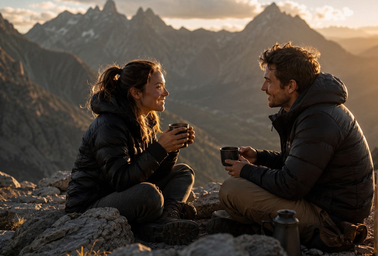 Pareja disfrutando café BlendNature en la montaña al atardecer
