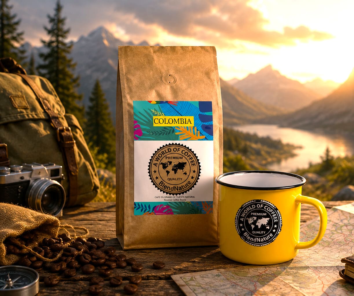 Café de Colombia BlendNature con taza vintage en paisaje de aventura