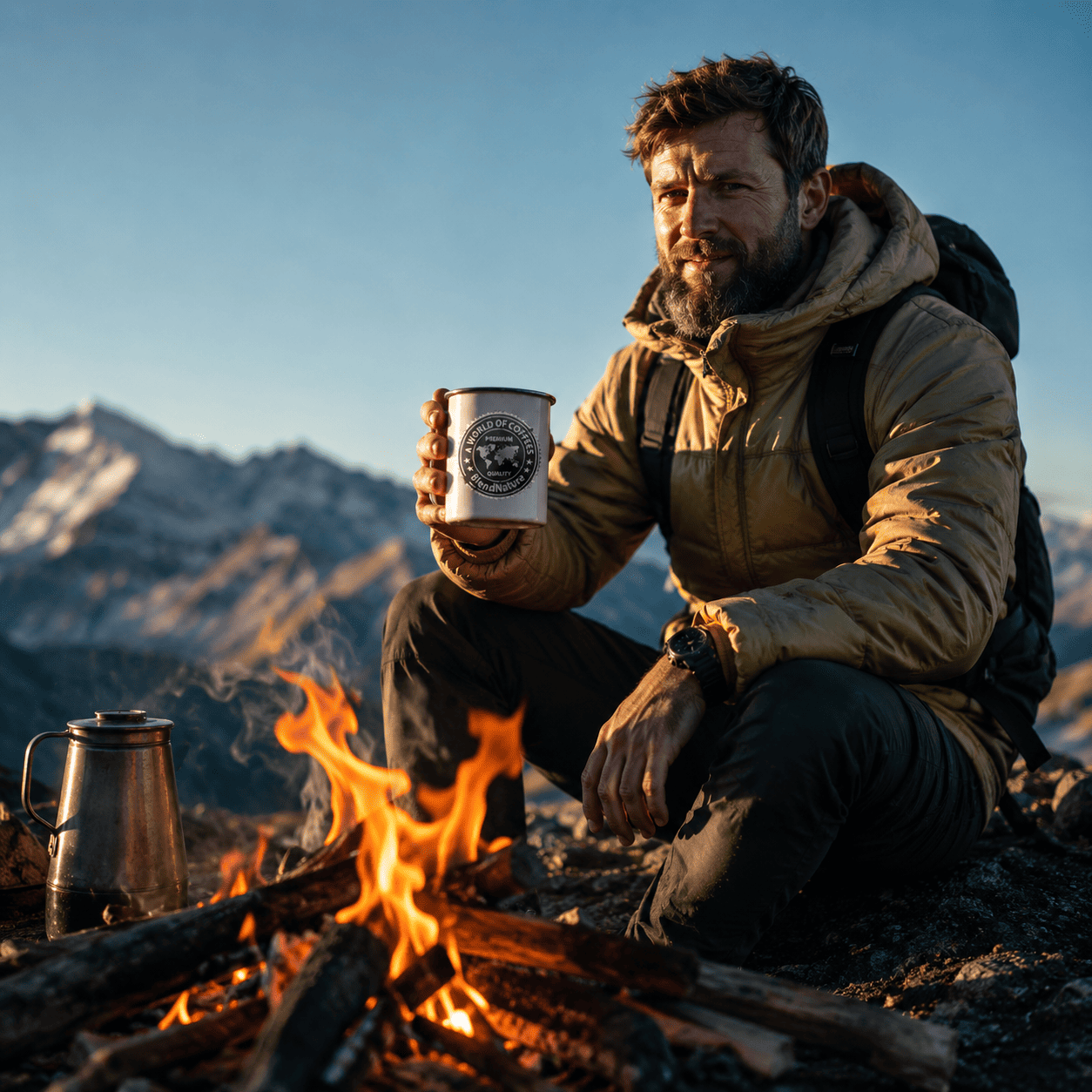 Aventurero disfrutando de café de origen BlendNature junto a una hoguera en la montaña